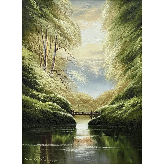 Contemporary Serenity Over the Bridge - Lake Scene With Lush Green Trees by British Artist 1976 For Sale - Image 3 of 8