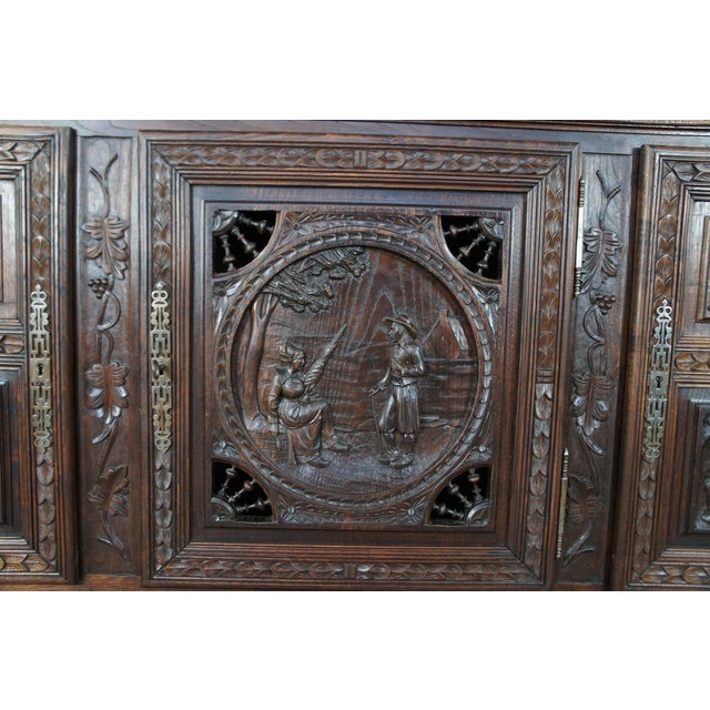 Antique French Breton Brittany Figural Carved Chestnut Buffet Sideboard Hutch For Sale - Image 6 of 12