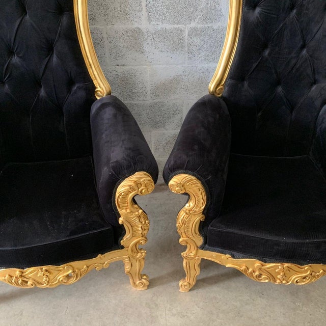 New Custom Made Black Velvet Baroque Style Tufted Throne Chairs a Pair
