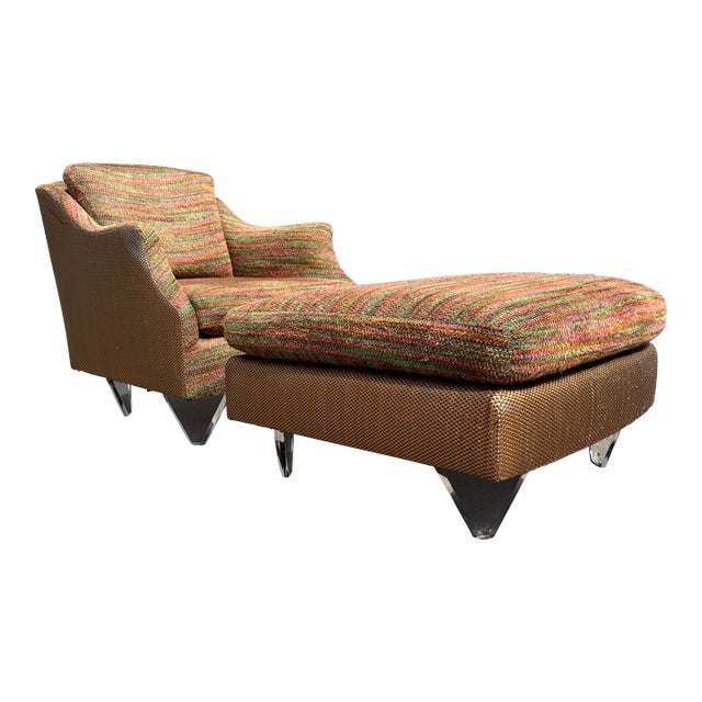 1990s Designer Lounge Chair With Ottoman, Lucite Legs For Sale