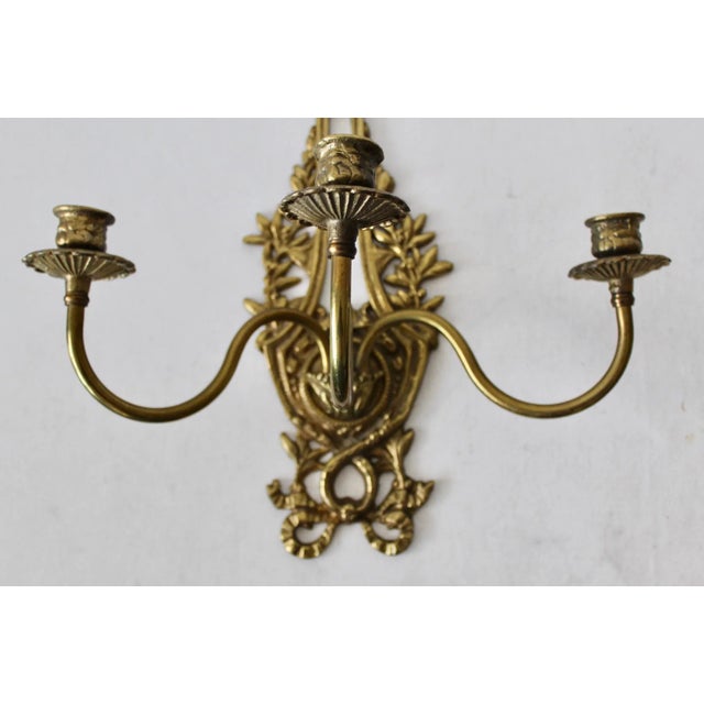 1970s Vintage Russian Style Brass Ornate Three Candle Candelabra Wall Sconce-A Pair For Sale - Image 5 of 12