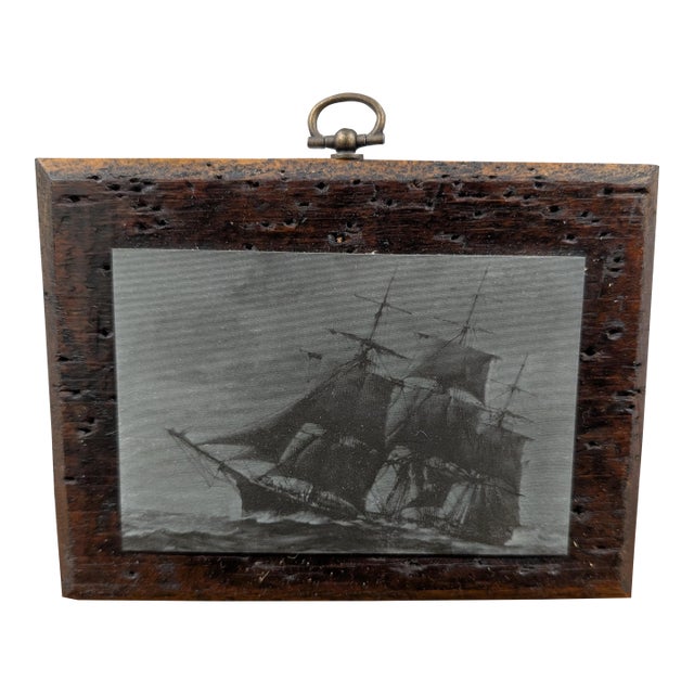 Vintage Etched Maritime Ship Art in Charactered Woodworm Wooden Frame For Sale