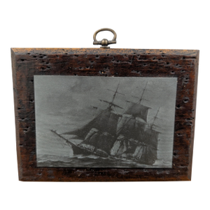 Vintage Etched Maritime Ship Art in Charactered Woodworm Wooden Frame