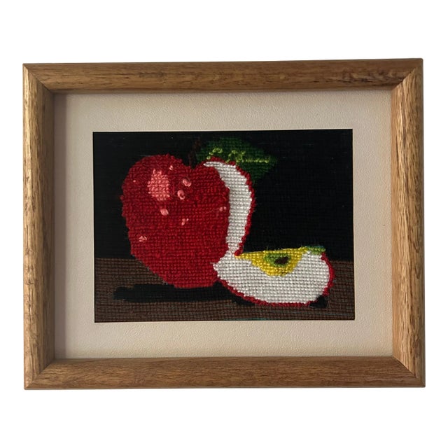 Vintage Pop Art Sliced Red Apple Needlepoint, Framed For Sale