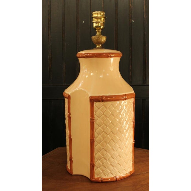Cream-colored ceramic lamp from Manises, with a bamboo-inspired design and textured panels. Made in the mid-20th century,...