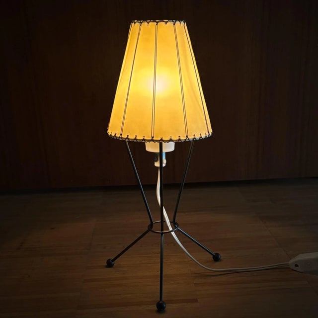 An atomic age table lamp, model b10, produced by the swedish manufacturer leco armatur ab in gothenburg during the 1950s....