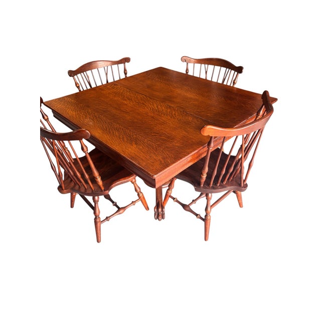 1930s Tiger Oak/Quarter Sawn Table With Color Matched Ethan Allen (Old Tavern) Fiddleback Windsor Chairs - All High End Handcrafted Furnitire For Sale - Image 9 of 12