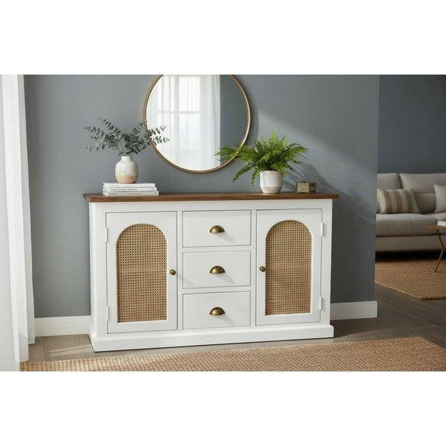 Elevate your dining or living space with this handcrafted solid wood buffet sideboard featuring elegant cane rattan door...