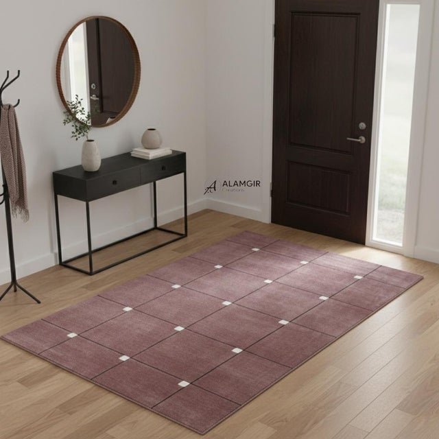 Hand-Tufted Wool Rug in Light Burgundy With Subtle Grid Pattern For Sale - Image 6 of 12