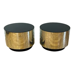 1970 Disco Mirror Drum Side Tables - a Pair
