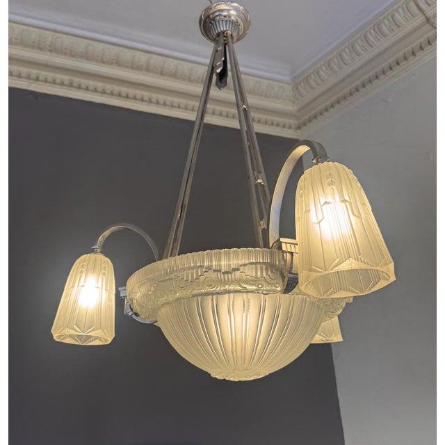 Silver Art Deco Chandelier in Nickel-Plated Bronze by Georges Leleu Jehel, 1930 For Sale - Image 8 of 18
