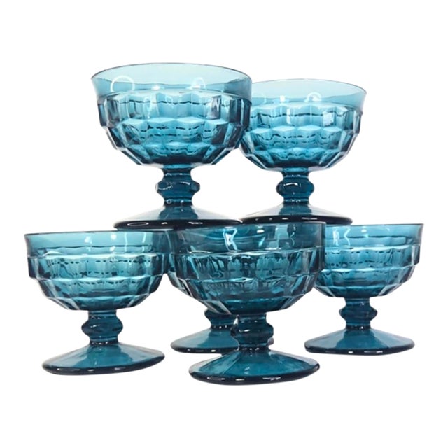 Vintage Aquamarine Honeycomb Champagne Coupes- Set of Six For Sale