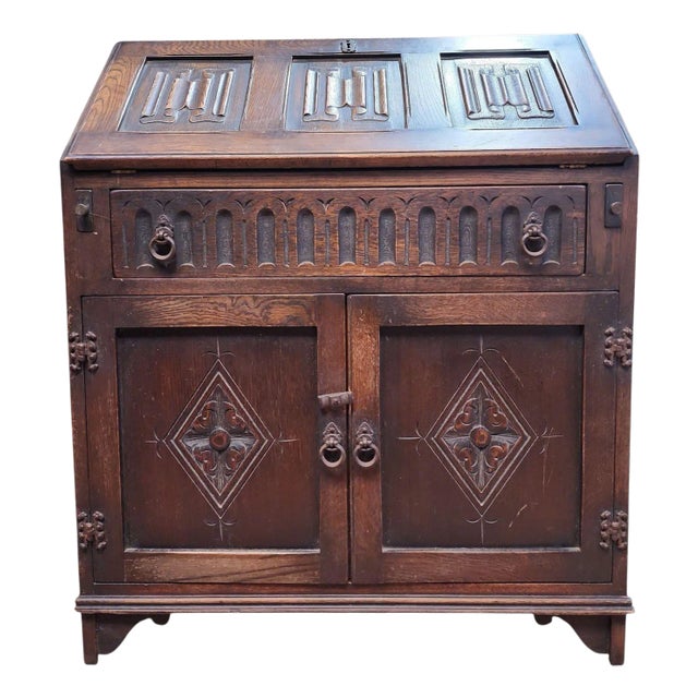 1940s English Jaycee Furniture Linen Fold Bureau For Sale