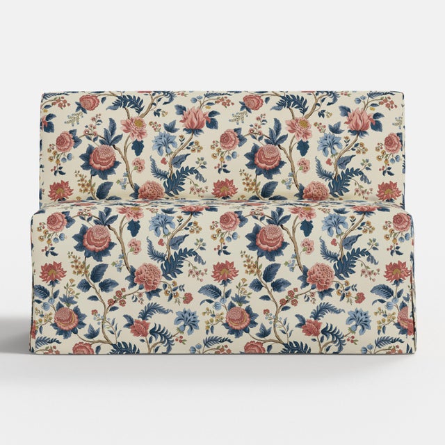 Transitional Andrea Slipcover Dining Banquette in Dusty Blue Tree of Life For Sale - Image 3 of 7