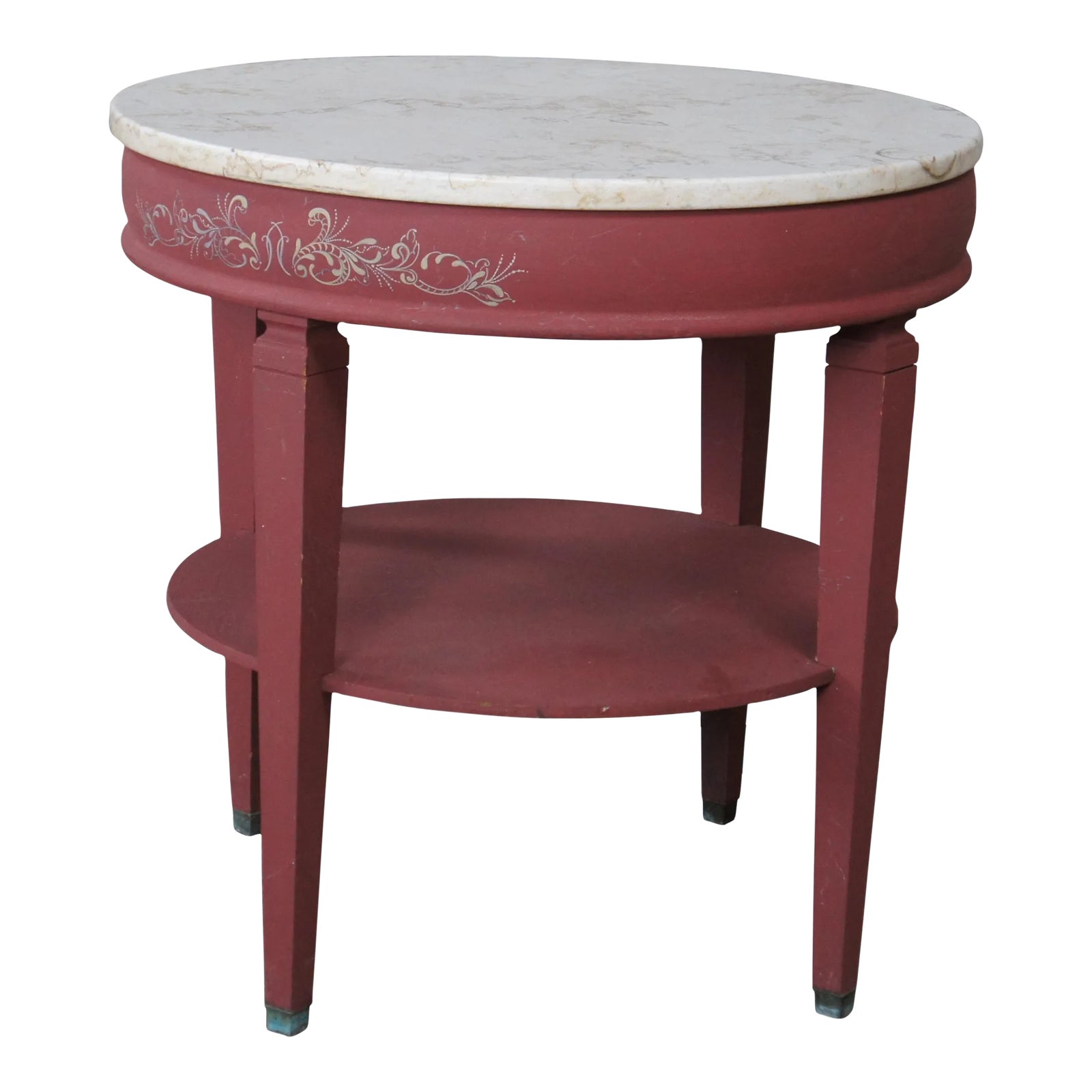 1970s Red Vintage Round Painted Marble Top Side End Table | Chairish