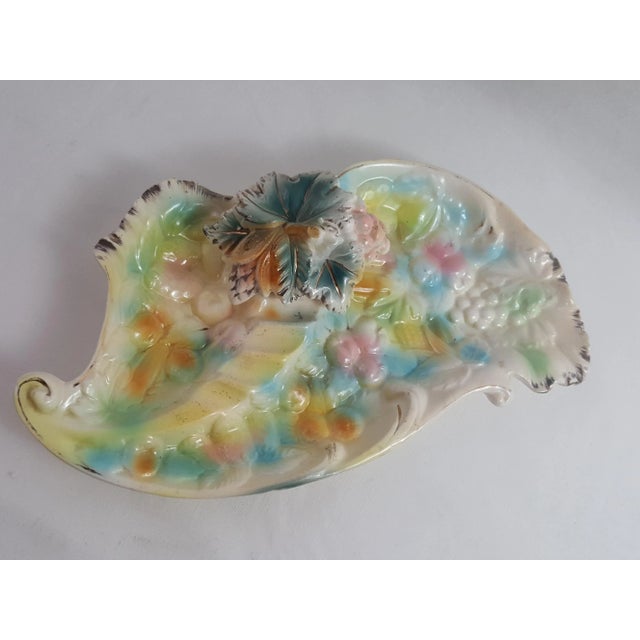 Mid-Century Modern Betson Majolica Hand Painted Ash Receiver With Fruit & Leaf Pattern in Pastels and Gold Accents For Sale - Image 3 of 5