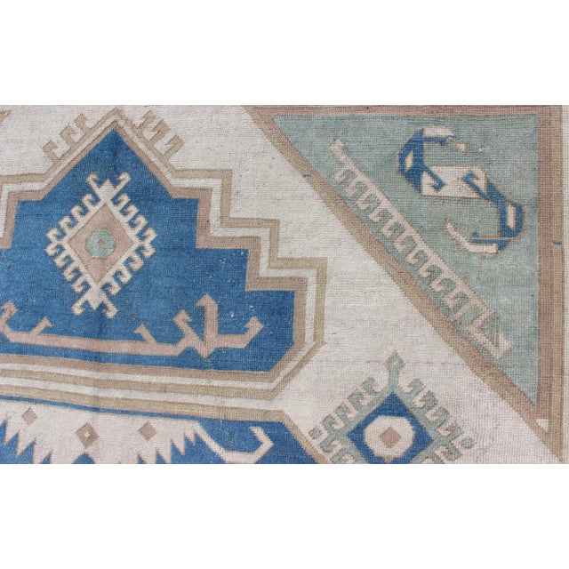 Large Vintage Turkish Rug With Stylized Geometric Design in Blue, Ivory, Tan For Sale - Image 10 of 12