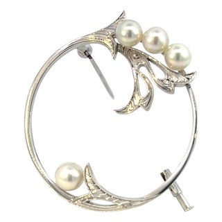 1990s Mikimoto Estate Akoya Pearl Brooch Sterling Silver 5 mm For Sale