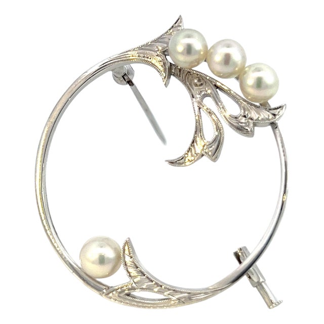 1990s Mikimoto Estate Akoya Pearl Brooch Sterling Silver 5 mm For Sale