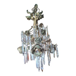 1940s Hollywood Regency Gilt & Verdigris Bronze/ Tole/ Crystal Pendant Chandelier For Sale
