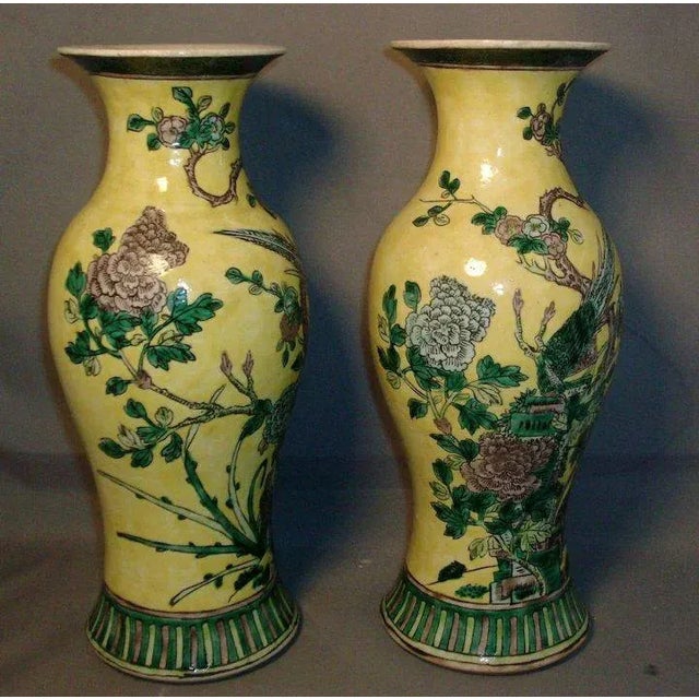 Chinese Chinese Export Porcelain Famille Jaune Baluster Shaped Vases 19th Century - a Pair For Sale - Image 3 of 11