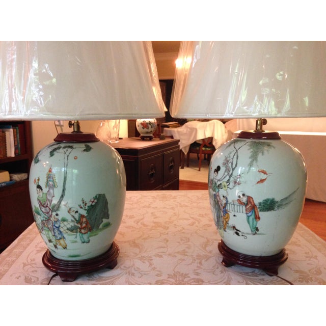 A pair of antique Chinese porcelain melon-shaped jars converted to lamps. I purchased them from Kwei Kee in Stanley, Hong...