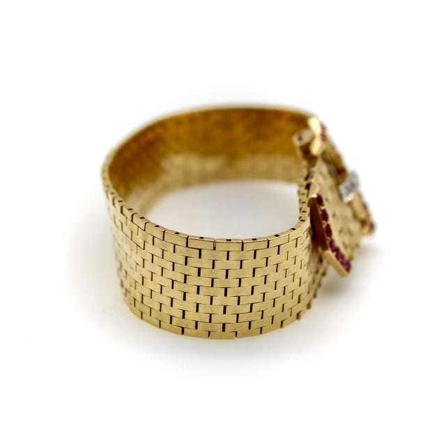 Modern 1940s Retro 14k Gold Ruby and Diamond Buckle Bracelet With Brick Link For Sale - Image 3 of 13
