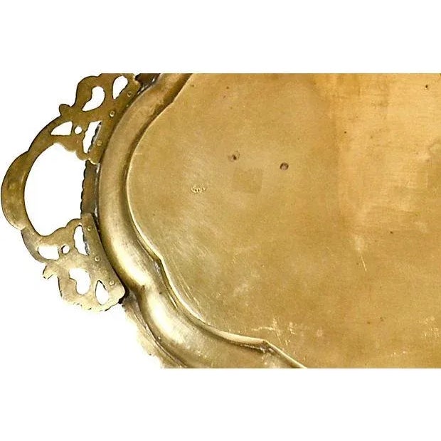 Metal Antique Engraved Enameled 23" Oval Brass Tray For Sale - Image 7 of 8