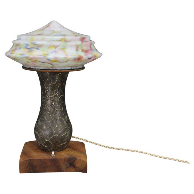Brass Table Lamp with Wooden Base and Glass Shade, 1940s For Sale - Image 16 of 16