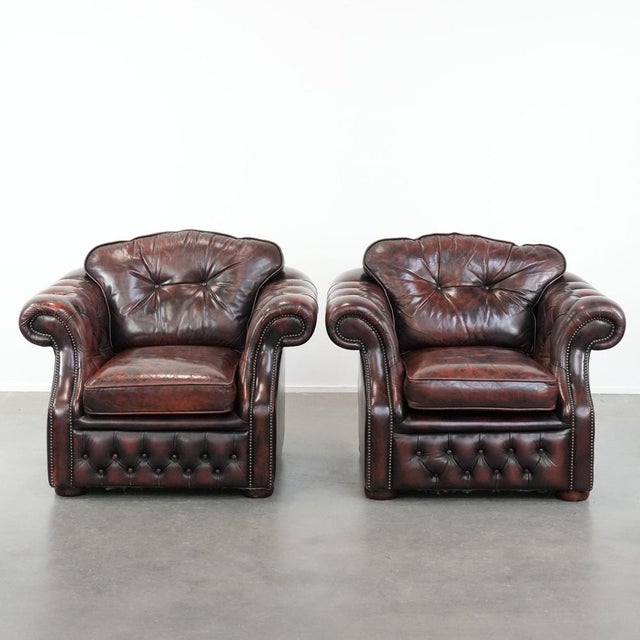 English Style Red-Mottled Cowhide Chesterfield Armchairs, Set of 2 For Sale - Image 16 of 16