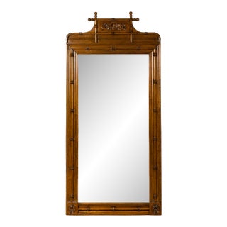 Large English Faux-Bamboo Walnut Mirror Made of 1900s Doors with Carved Ivy For Sale