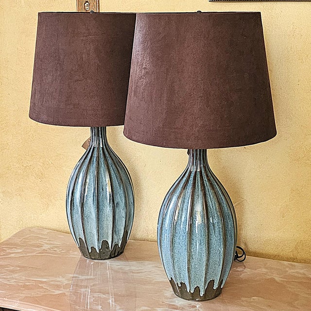 Turquoise Pottery Table Lamps – Mid‑Century Style, 32" - a Pair For Sale - Image 14 of 18