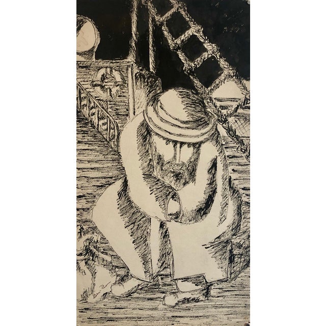 Ben-Zion Weinman, Modernist Judaica Jewish Ink Drawing Painting "New Immigrant" Off the Boat WPA, c.1940 For Sale