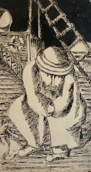 Ben-Zion Weinman, Modernist Judaica Jewish Ink Drawing Painting "New Immigrant" Off the Boat WPA, c.1940