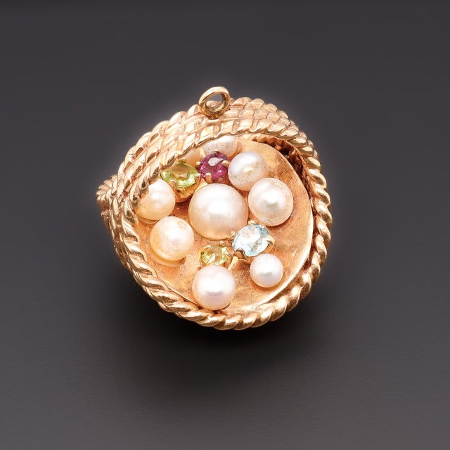 Vintage 14k Yellow Gold, Pearl, and Tourmaline Figural Easter Basket Charm For Sale - Image 14 of 17