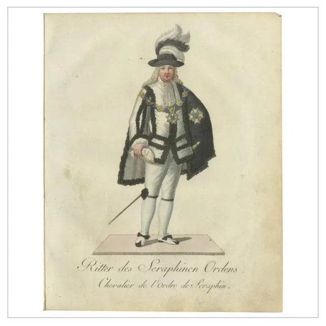 Knight of the Seraphim Order: Rare 18th-Century Engraving of Swedish Nobility This hand-colored engraving showcases a...