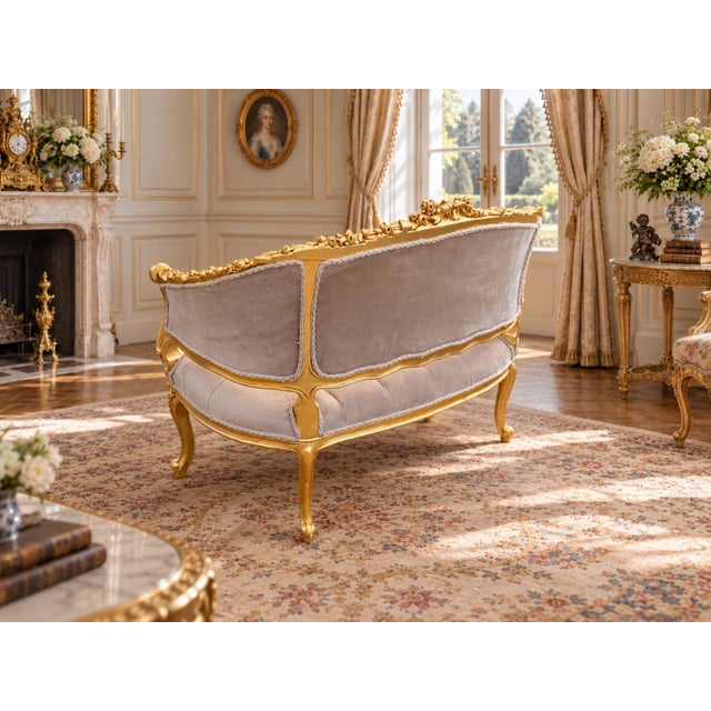Late 20th Century 1975 French Artisan Louis XVI Gold Velvet Settee For Sale - Image 5 of 8