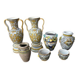 Hand-Painted Italian Majolica Patio & Floor Urn Collection - 7 Pieces For Sale