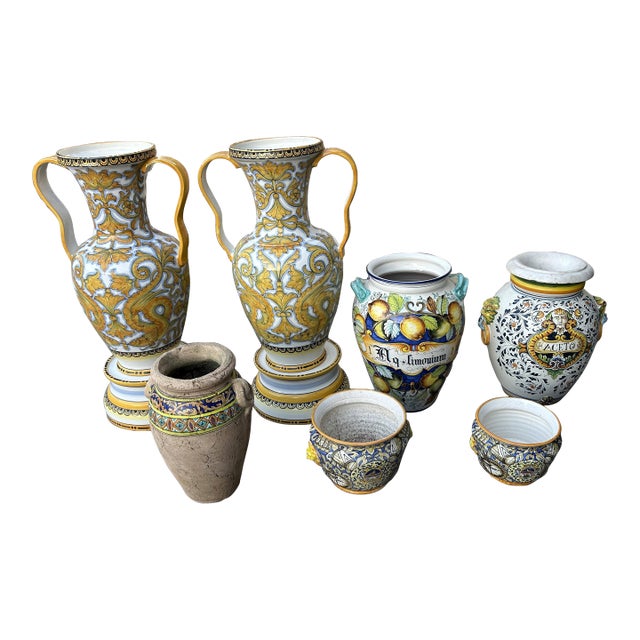 Hand-Painted Italian Majolica Patio & Floor Urn Collection - 7 Pieces For Sale