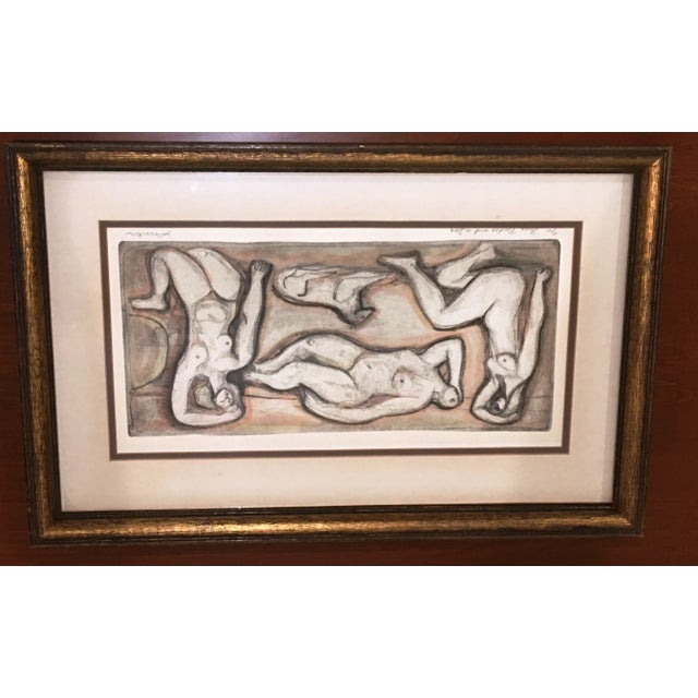 Original Colored Etching hand singed and numbered titled "3 Nudes and a Dog". Certificate of Authenticity states the...