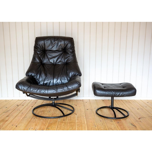 Mid-Century Norwegian Black Leather Stressless Lounge Chair and Ottoman Set from Ekornes, 1980s, Set of 2 For Sale - Image 12 of 18