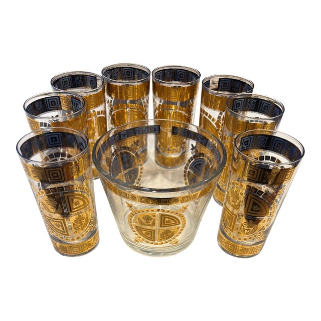1950s Culver Coronet 8 Highball Glasses and Ice Bucket Set For Sale