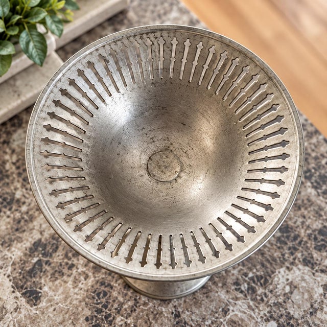 Vintage Towle pewter pedestal compote bowl, model 7629P, dating to the 1970s. It features a flared bowl with a pierced...