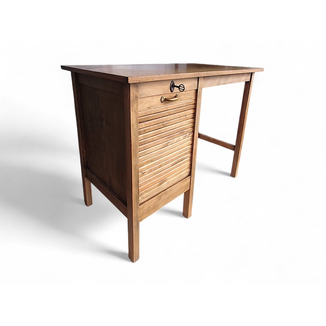 Vintage Oak Rolltop Writing Desk with Tambour Door, Germany, 1950s For Sale - Image 11 of 11