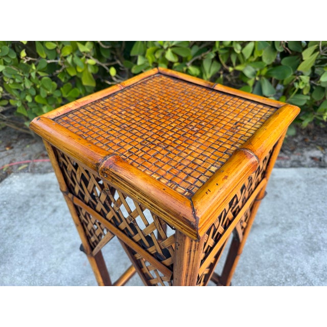 Contemporary Vintage 34” Burnt Split Bamboo & Woven Rattan Pedestal Plant Stand For Sale - Image 3 of 8
