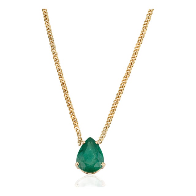 3.88ct Pear Cut Emerald Solitaire Art Deco Necklace in 14k Gold Curb Chain For Sale