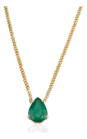 3.88ct Pear Cut Emerald Solitaire Art Deco Necklace in 14k Gold Curb Chain
