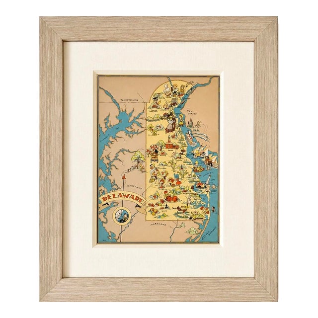 Vintage Delaware Pictorial Map by Taylor, 1935 – Original Custom Framed Map For Sale