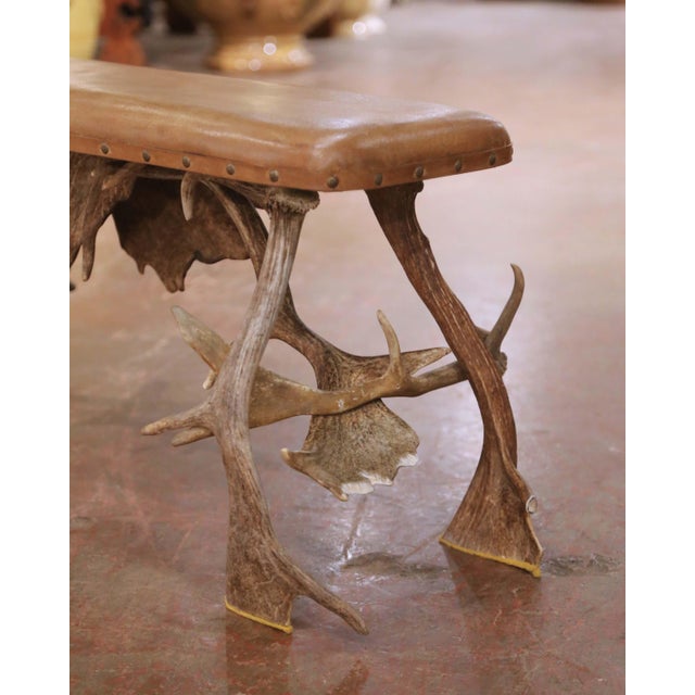 Early 20th Century Austrian Black Forest Antler Bench With Leather Seat For Sale - Image 4 of 9