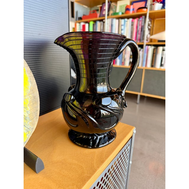 Amethyst Vintage Liberty Craftworks Black Amethyst Glass Lily Pad Pitcher Garrett Vilicich Signed For Sale - Image 8 of 14